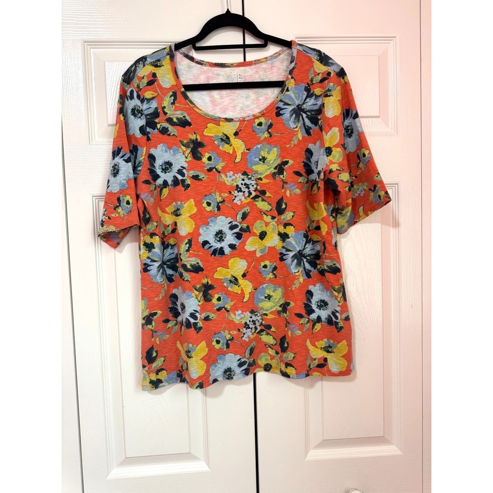 Time & Tru Coral Blue Floral Print Top XL Cotton Stretch Short Sleeve Round Neck